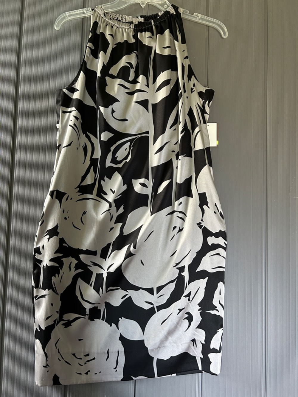 Taylor Silk Black and Silver Shift Halter Dress